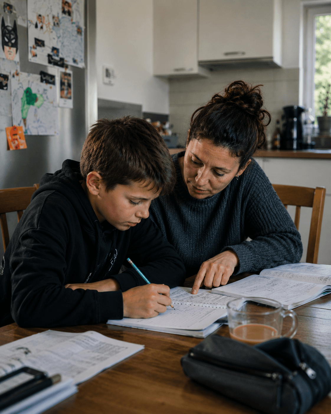 Begeleider helpt een jongere met huiswerk aan de keukentafel